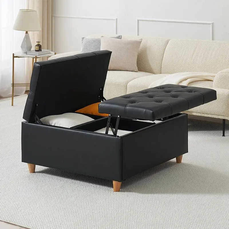 Large Square Faux Leather Tufted Upholstered Ottoman Coffee Table - Lift Top, Spacious Storage, Multi-Use Seat, Multi-Functional Indoor Furniture for Living Room, Bedroom (Black)