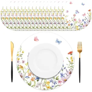 50PCS Spring Floral Disposable Wildflower Paper Placemats Round Table Mats for Spring Summer Brunch, Garden Tea Parties & Outdoor Picnics