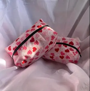 My Sweetheart Boxy Makeup Bag - Red Heart Patterned Bag with Black Strap, Ideal for Everyday Use