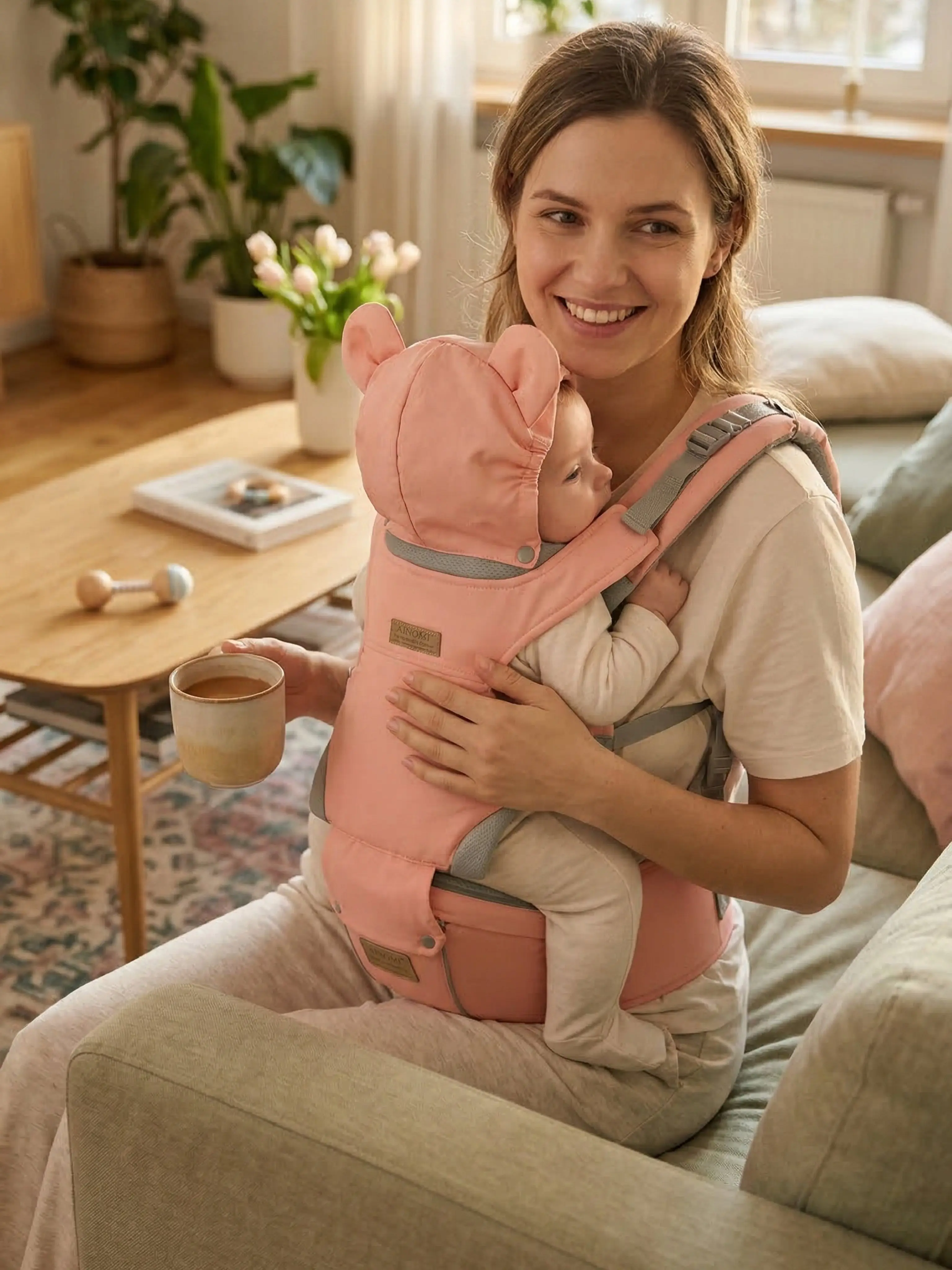 Ainomi 6-in-1 Safety-Certified Front-Facing Baby Carrier, Adjustable Detachable All-Seasons Sling with Hip-Healthy Design, Logo Print, Lumbar Support, Lightweight for Newborns - Babywearing Baby Carriers Ideal for Shopping, Travelling