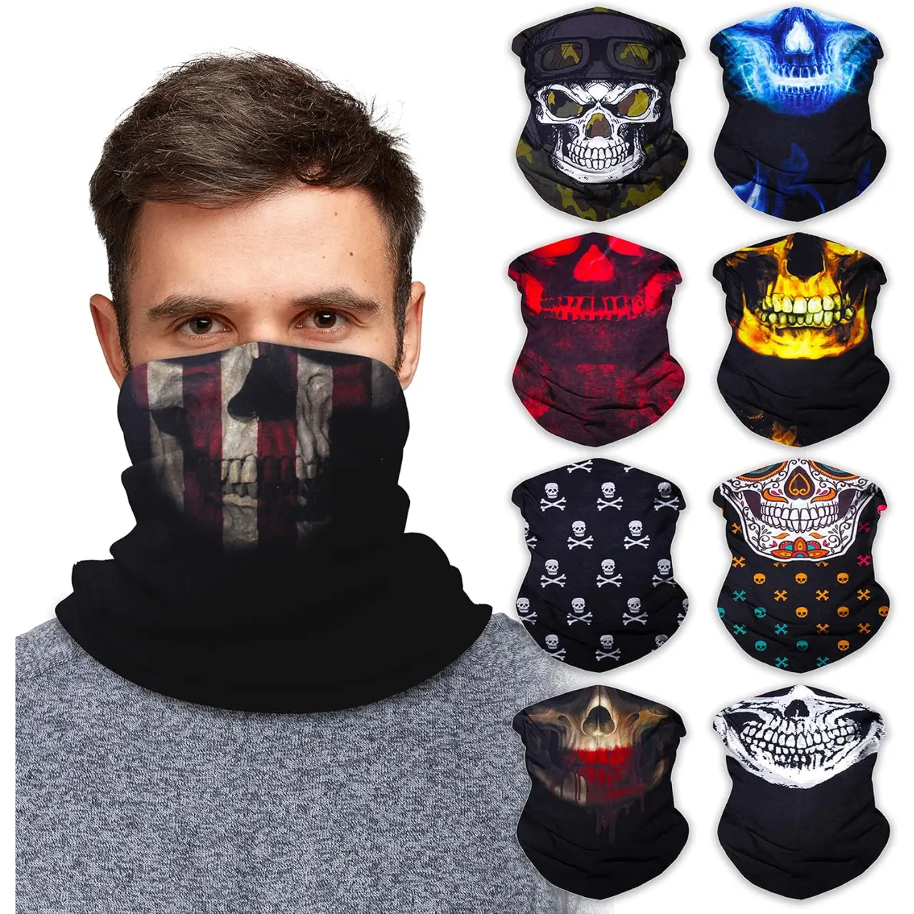 9 Pack Halloween Neck Gaiter Bandana Buff Face Cover for Men Women Neck Warmer UV Sun Protection Gator Skull Motorcycle Mask Breathable Skull Balaklava Mask Multi-Purpose Lightweight Balaclava