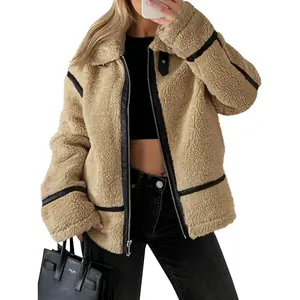 Womens Faux Fur Jackets Winter Trendy Sherpa Moto Leather Patchwork Zip Up Coat