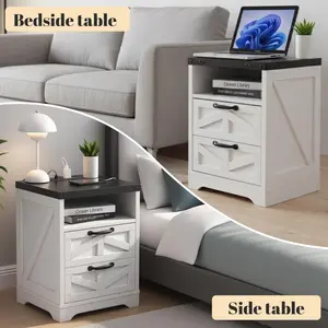 Farmhouse Nightstand -Night Stand White with Charging Station, Bed Side Tables Bedroom with 2-Drawer USB, Industrial White End Table, Sturdy Engineered Wood