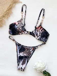 2026 new women’s leopard print push-up bikini two-piece set—fashionable, sexy low-rise chain two-piece swimsuit set for holidays, casual vacations, beachwear, and hot spring wear