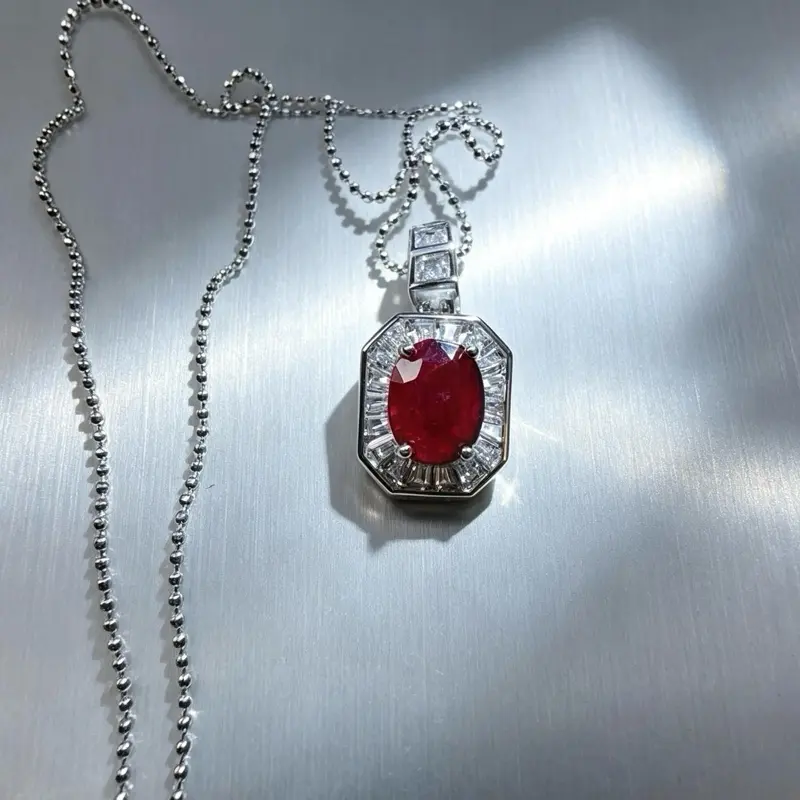 <PingEast jewelry > Ruby Pendant--925 Sterling Silver Halo Pendant with 6x8mm Natural Burmese Pigeon’s Blood Ruby, Includes Necklace and Certificate