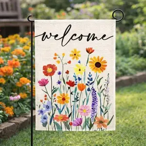 Spring Welcome Garden Flag, Floral Wildflower Garden Flag, Farmhouse Outdoor Yard Flag, Colorful Flower Garden Decor, Front Yard Porch Flag