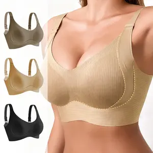 Women's Seamless Wireless Push-Up Bra Wireless Bras for Women Comfortable Seamless T-shirt Bra Push Up Deep V Everyday Bra with Adjustable Straps Jelly Bralette Plus Size 3-Pack Beige & Black  push up bra bras strapless bra jelly bras jelly bra jelly push