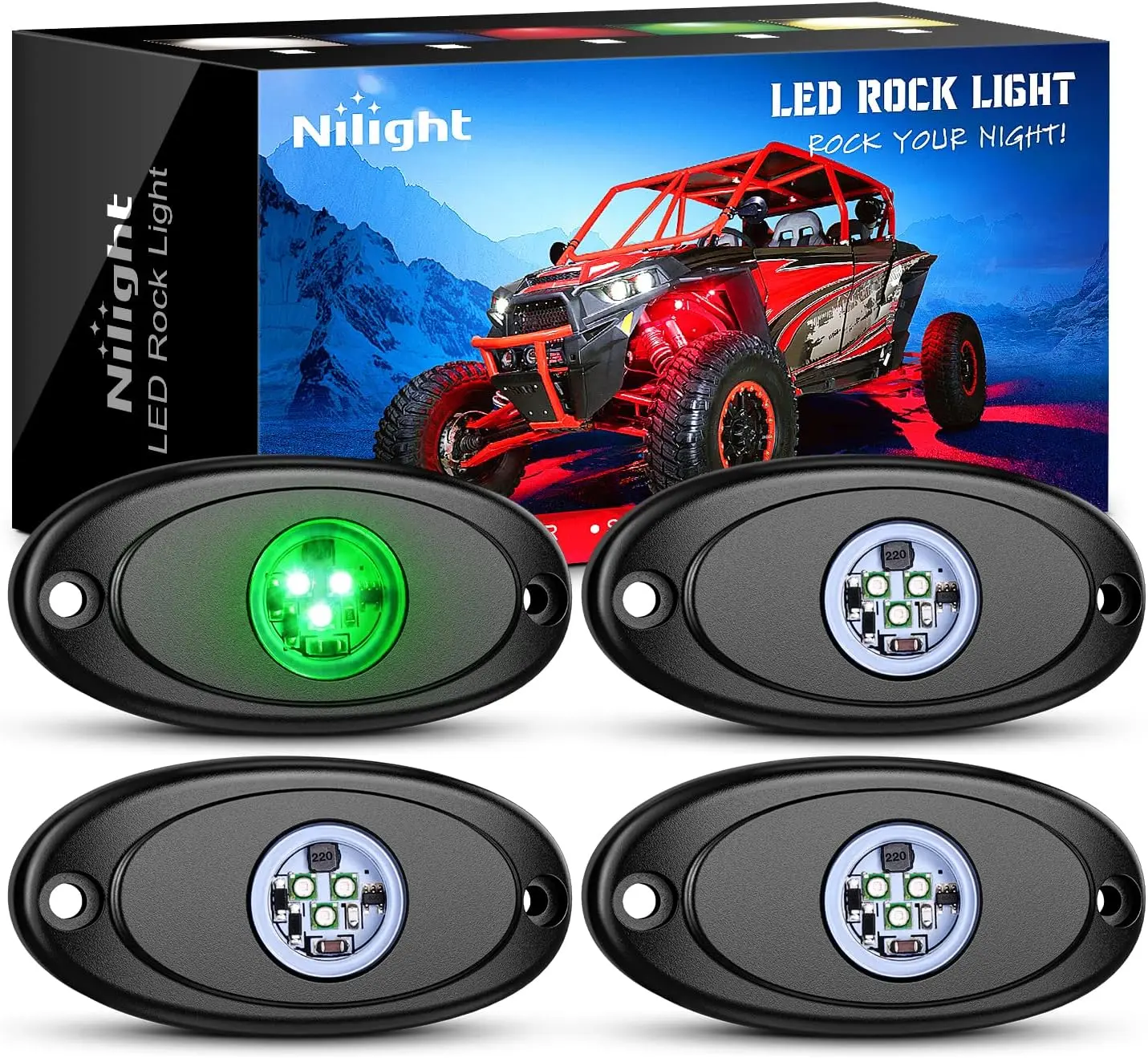Nilight 4PCS Green LED Rock Light Pods - IP68 Rated Aluminum Stable Underglow Lights for Vehicle, ATV, Motorcycle Underbody & Wheel Well Illumination, Ideal Father's Day Gift