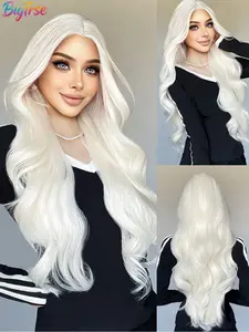 Bigtrse Women's 26-Inch Wavy Synthetic Wig, Platinum, Heat-Resistant Fiber, Natural Hairline, Perfect for Halloween, Parties, Daily Wear