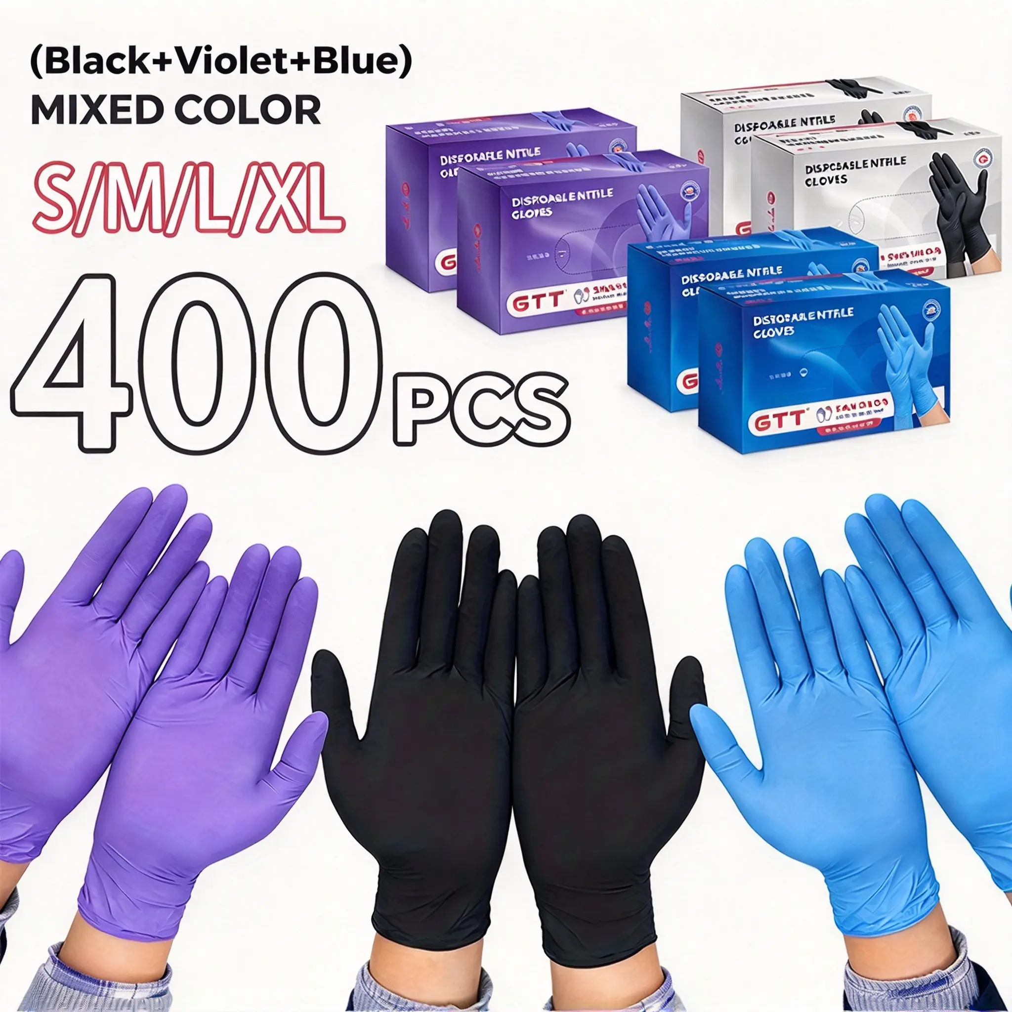GTT Disposable Nitrile Gloves, 5.5Mil Heavy Duty Durable Cleaning Gloves, 200/400Pcs Powder-Free Latex-Free, Textured Fingertips Black/Violet/Blue Bulk Pack for Car, Bathroom, Beauty & Household Kitchen Tasks