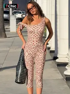 Women‘s Leopard Print One Shoulder Lace-up Bodycon Capri Romper Jumpsuit, Sexy Sleeveless Strapless Slim Fit Playsuits Jumpsuits, Party Night Out Club Date Music Festival One-piece Set Elegant Rompers For Ladies All Seasons Summer Fashion Clothes