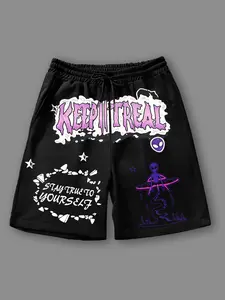 Men's "KEEP IT REAL" Graphic Streetwear Shorts - Casual Athletic Shorts for Daily Wear, Trendy Y2K Graffiti Fashion Piece