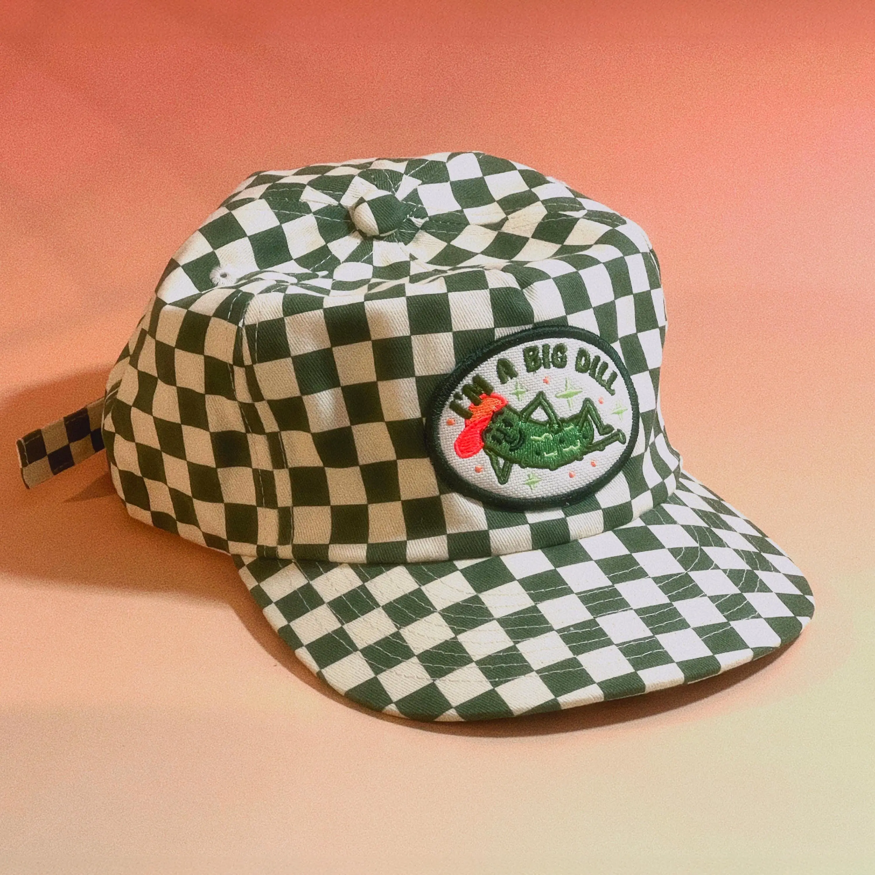 The Space Bureau Big Dill Pickle 5-Panel Checkered Floppy Hat, Brushed Cotton Twill Fashion Accessory