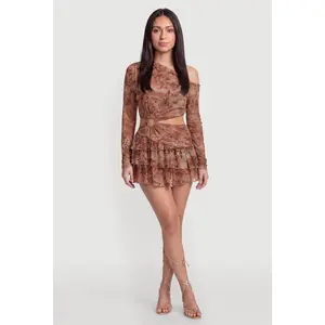 Patterned Mesh Asymmetrical Cutout Romper