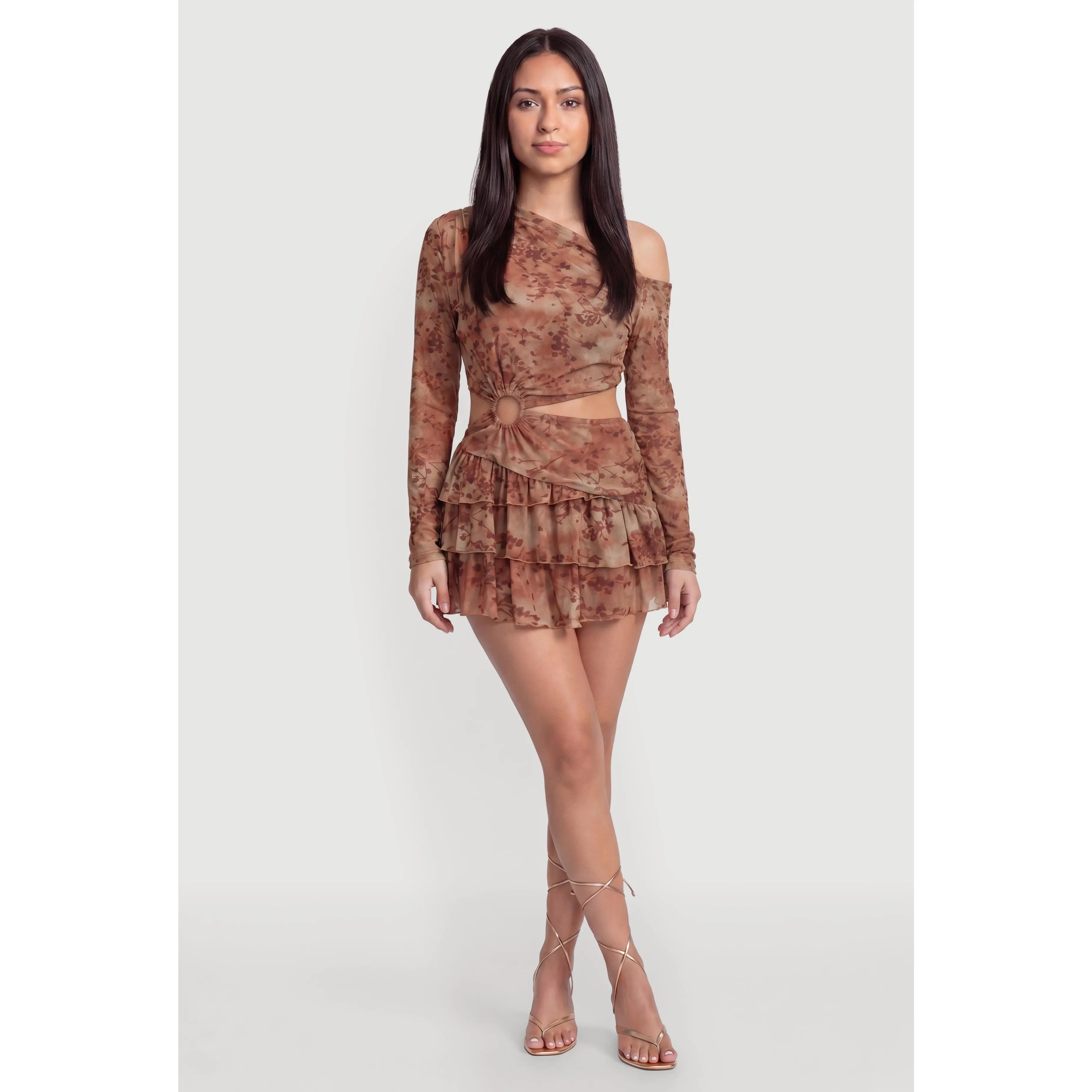Patterned Mesh Asymmetrical Cutout Romper