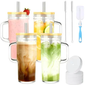 4 Pack Large Glass Drinking Cups 930ml With Bamboo Lids Plastic Lids Stainless Steel Straws Cleaning Brushes Iced Coffee Beverage Juice Smoothie Mugs