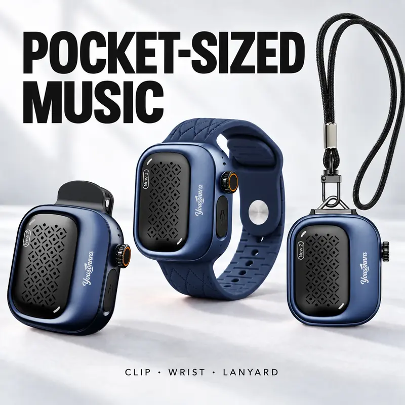 Yousonnra New2 3-in-1 Wearable Bluetooth Speaker, Compact 5W Driver 45Hz Audios Device with Wristband, Clip-On, Lanyard, IP69K Waterproof, for Hiking, Camping, Birthday Ideas, Christmas Gift