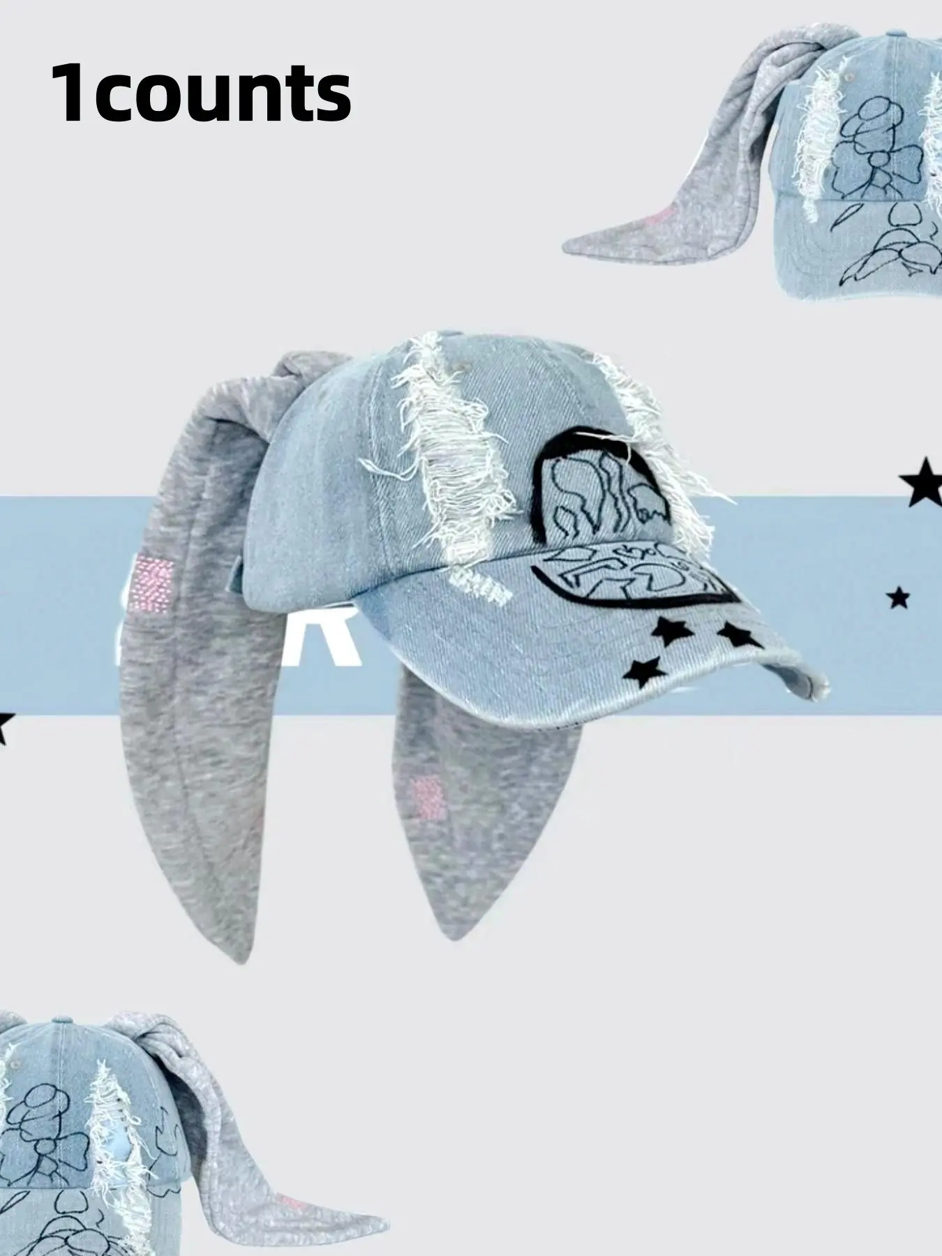 Y2K Post-Apocalyptic Rabbit Ears Denim Baseball Cap, Fashion Trendy Long Bunny Ears Street Style Girl Hat, Cartoon Print Hole Design Spring Summer, Rabbit Ear Detail, Denim Material, Fashionable, Unique, Edgy, Cool Hats