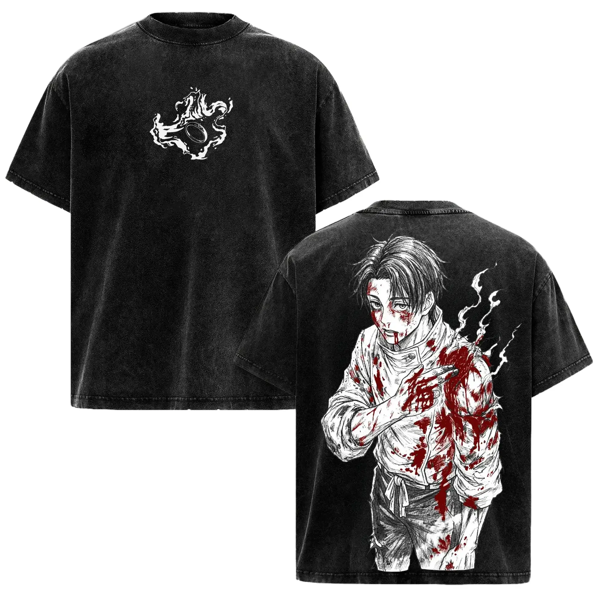 Men's Retro Anime Graphic T-Shirt, Vintage Washed Oversized Baggy Tee in Soft 230gsm Heavyweight Cotton with Ribbed Collar, Graphic Print, Jujutsu Kaisen Anime Print Men's Short-Sleeve T-Shirts, Manga Graphic Men's Short-Sleeve T-Shirts, Relaxed Loose