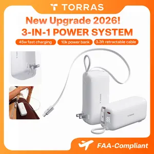 TORRAS EasyGo Pro 3-in-1 Portable Charger 10000mAh Power Bank with 39.4" Retractable USB-C Cable Foldable Wall Plug 35W Fast Charging Travel Essential for iPhone iPad Samsung Galaxy - Device, Compact,summervibes