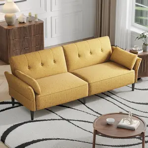 89” Futon Sofa Bed,Comfy Futon Couch Bed with 2 Square Pillows,Convertible Sleeper Sofa with Adjustable Backrest& Armrests, Modern Loveseat Sleeper for Living Room, Bedroom, Linen Yellow