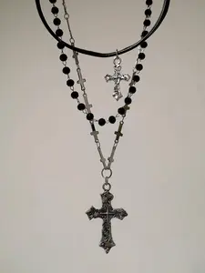 Gothic Dark Cross Leather Beaded Layered Drop Pendant Necklace, Vintage Punk Party Jewelry, Unique Women's Fashion Accessory, Bold Statement Piece