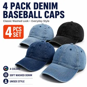 4 Pack Denim Baseball Caps for Men Women, Vintage Washed Dad Hats, Adjustable Unisex Casual Cap Set, Curved Brim Outdoor Travel Everyday Hats