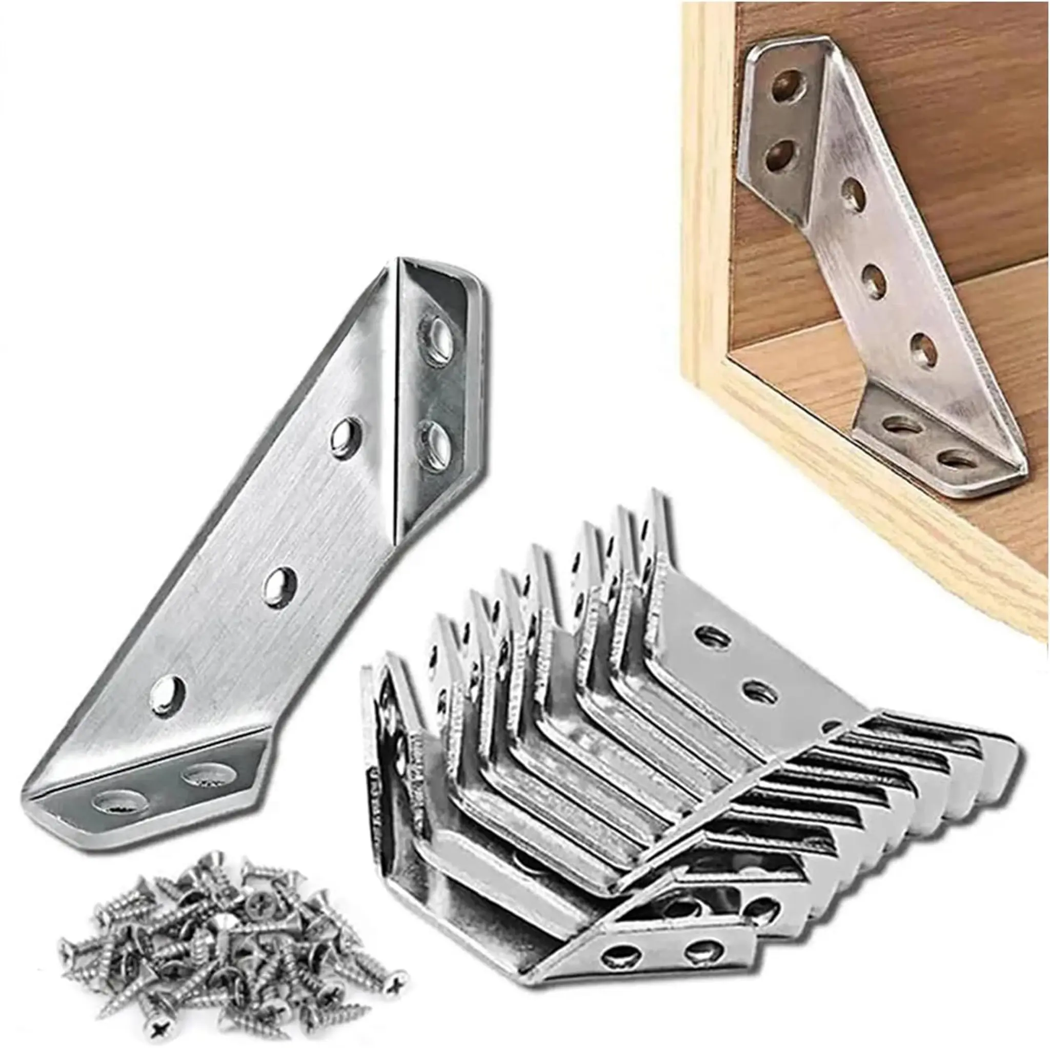 Premium Stainless Steel Corner Brackets for Wood Frame, Universal Metal Hardware Corner Braces with Screws, Wooden Furniture Corner Connectors Such as Drawers, Cabinets, Tables and Chairs
