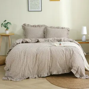 Taupe/White Ruffle Duvet Cover King Size,100% Washed Cotton 3 Pcs Vintage Checkered Chic Gingham Bedding Set Comforter Cover Set