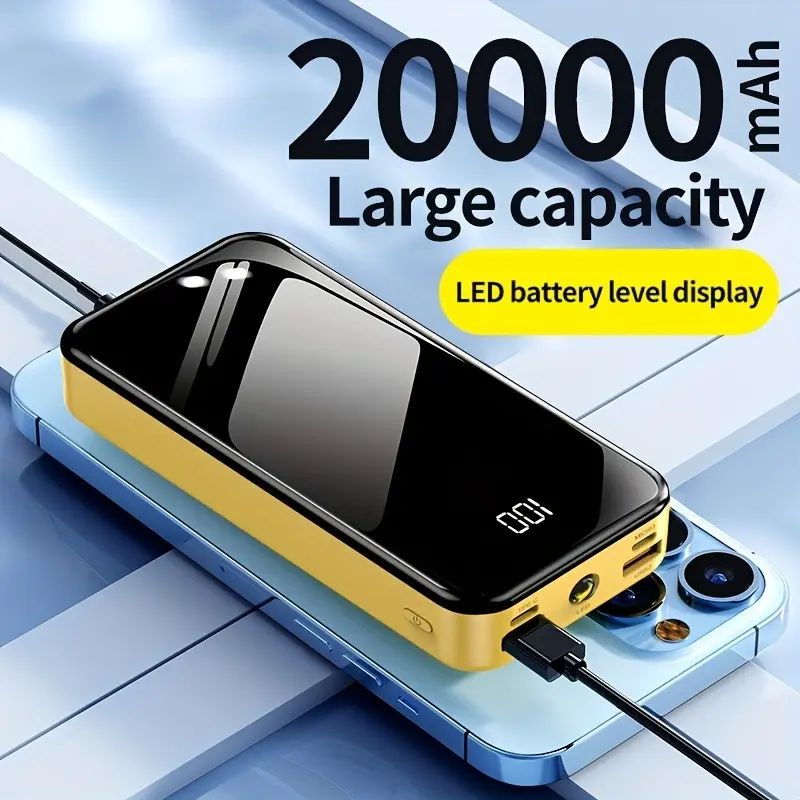 10001-20000mAh Portable Charger Battery Power Bank, 2.1A QC3.0 Tech Fast Charging, Type C/USB Compatible, High-Power Chargeable Travel Pack with LED Light & Cable for Smartphones