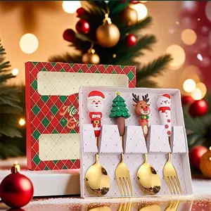Sturdy Reusable 4-Piece Stainless Steel Christmas Tableware Set - Spoons, Forks with Christmas Tree, Santa, Snowman, Reindeer Designs, Luxury Gift Boxed - Ideal for Tea Stirring, Festive Dinners - For Home, Party Use