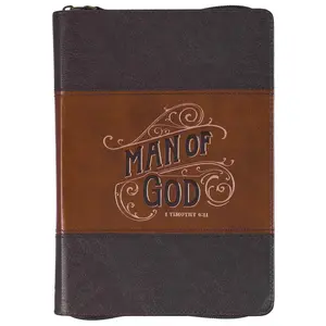 Inspirational Zippered Journal, Man of God Wide Ruled Notebook, Bible Verse, Brown Vegan Leather, 336 Lined Pages w/scripture, (9” x 6.4” x .9”)
