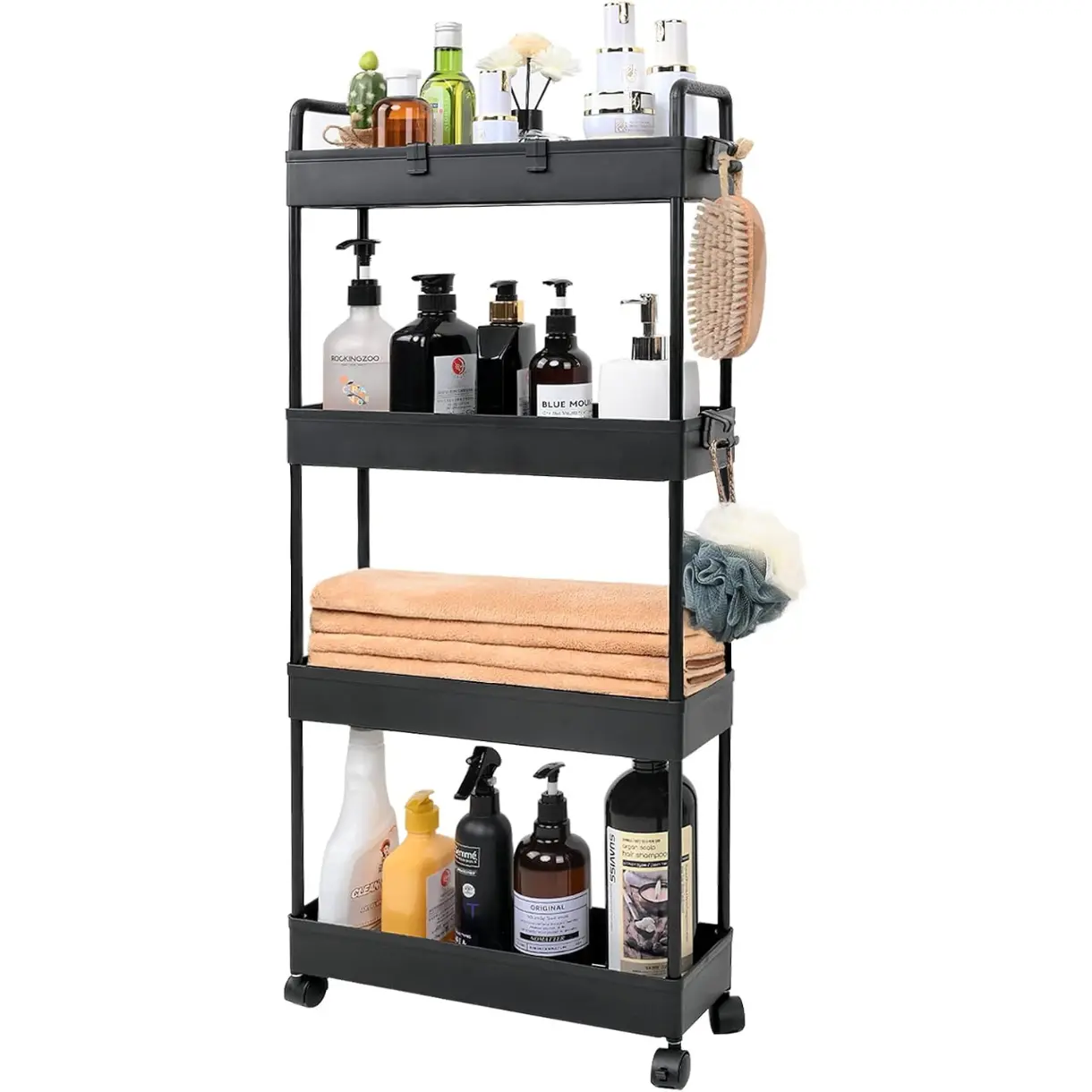 [New Deal] Slim Rolling Storage Cart with Wheels - 4 Tier Bathroom, Laundry Room, Kitchen & Office Organizer, Black Adjustable Racks Multicolor, Bathroom Counter Organizer, 15.8X5.1x35.4"