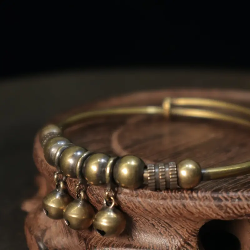 Unisex Pure Copper Bracelet, Vintage Boho Push-Pull Bangle with Bell Charm for Casual Retro Wear