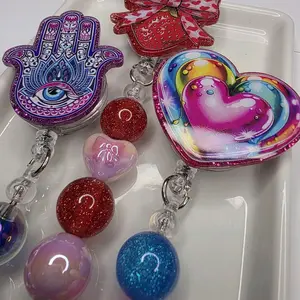 Beaded Badge Reel with Colorful Beads and Heart Design for Stylish Identification-sold individually