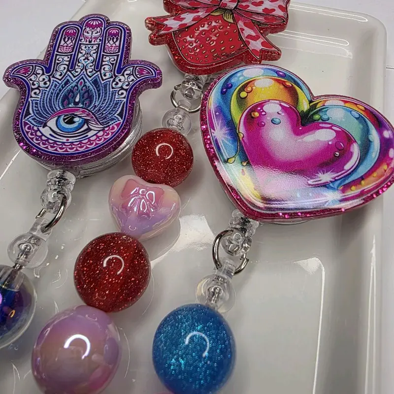 Beaded Badge Reel with Colorful Beads and Heart Design for Stylish Identification-sold individually