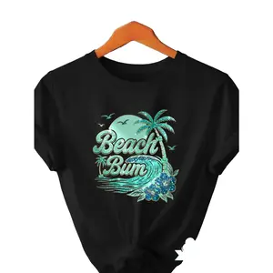 Beach Bum Glitter Effect Palm Tree Wave Hibiscus Graphic 100% Cotton T-Shirt, Tropical Summer Vacation Womens Casual Tee,funny graphic tee,summer graphic tees,tee