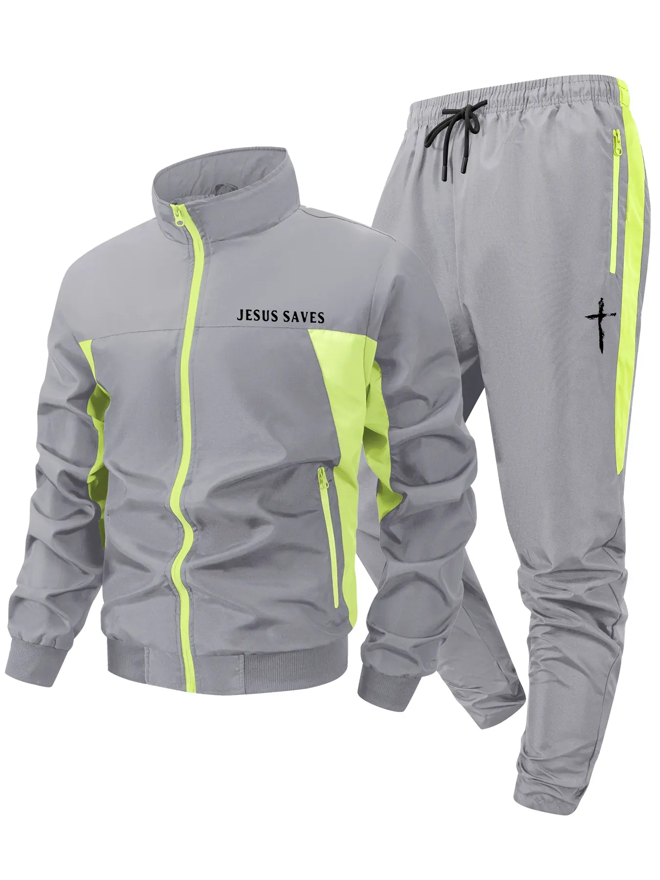 Cross Print Colorblock Patchwork Tracksuit for Men, Spring & Fall Quick-Dry Breathable Sports Set, Running Athletic Set, Windproof Jacket, Zip Up Coat Outwear Tops + Drawstring Elastic Waist Pants Trousers with Zipper Pocket, Sweatsuit with Pockets