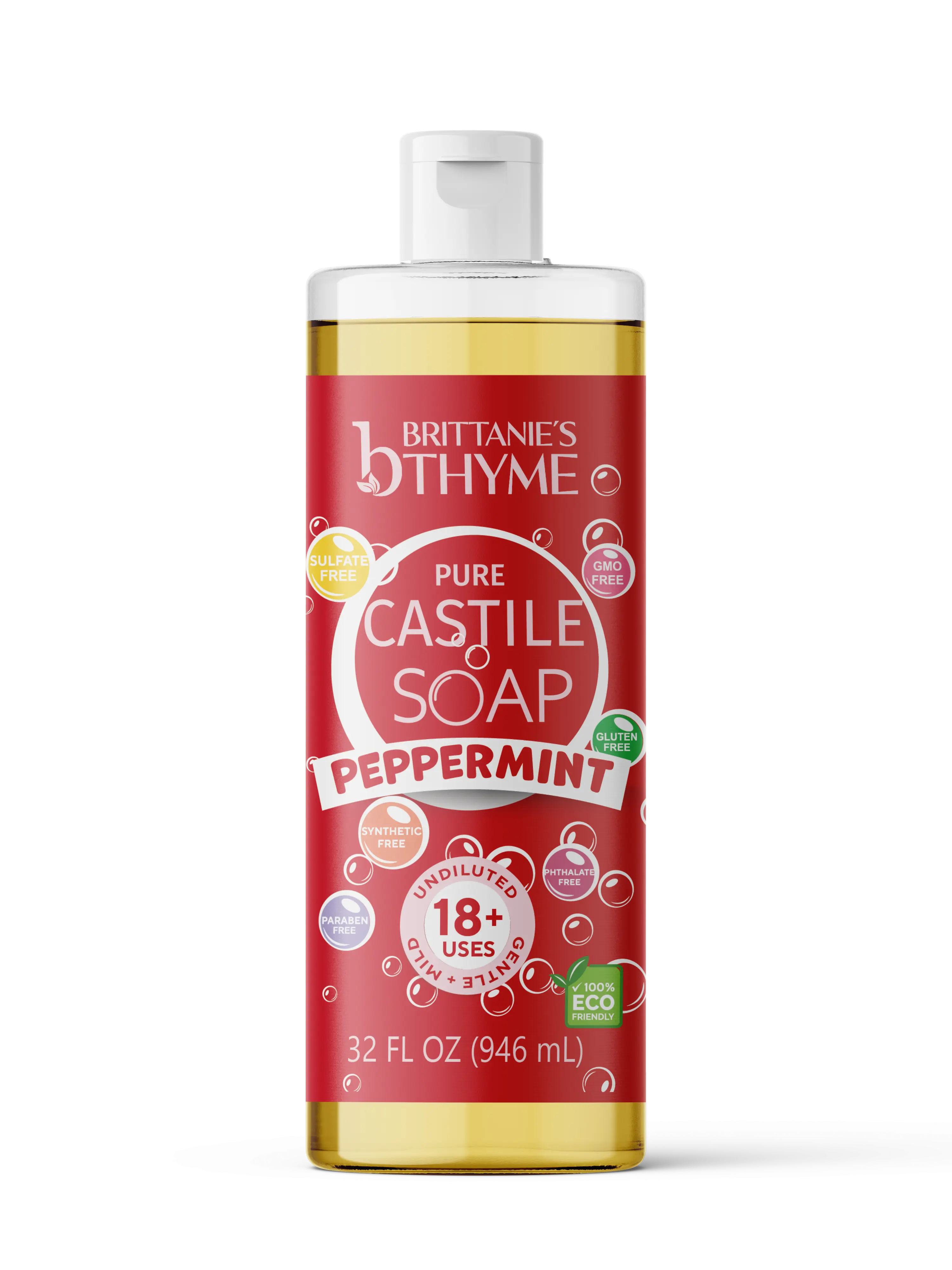 Brittanie’s 32oz Peppermint Castile Soap All-Natural Multi-Use Cleanser | Face, Body, Hair & Home | Plant-Based, Deep Cleaning, Refreshing Peppermint Glow | Family Made, Small Batch, USA Crafted