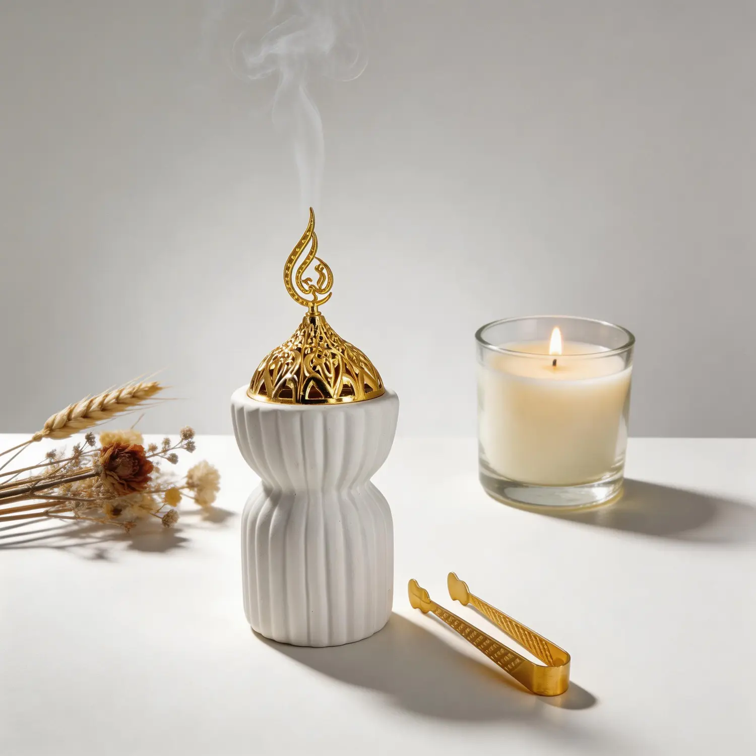Minimalist White Ceramic Scented Incense Burner, Incense Holder with Golden Filigree Lid, Modern Home Decor for Living Room, Bedroom, Yoga & Meditation Spaces, Sleek Ribbed Texture Design, Aromatherapy Home Fragrances