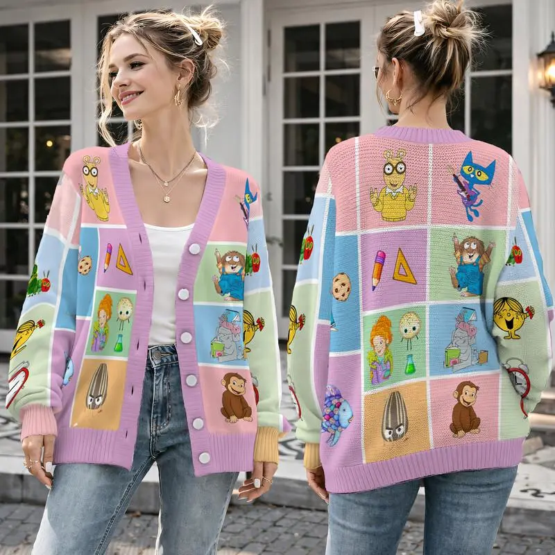 Children's Book Character Cardigan, Reading Teacher Knitted Cardigan, Book Character School Button Up Cardigan