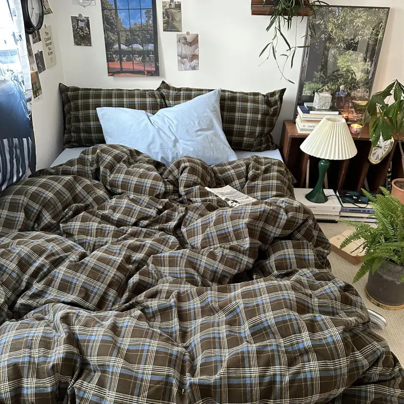 Vintage Buffalo Plaid Duvet Cover Set - Queen Size 3-Piece Washed Cotton Bedding Set with Grid Pattern, Soft Breathable Duvet Cover & Pillowcases for All Seasons (Brown & Blue, Beige), Plaid Duvet Covers