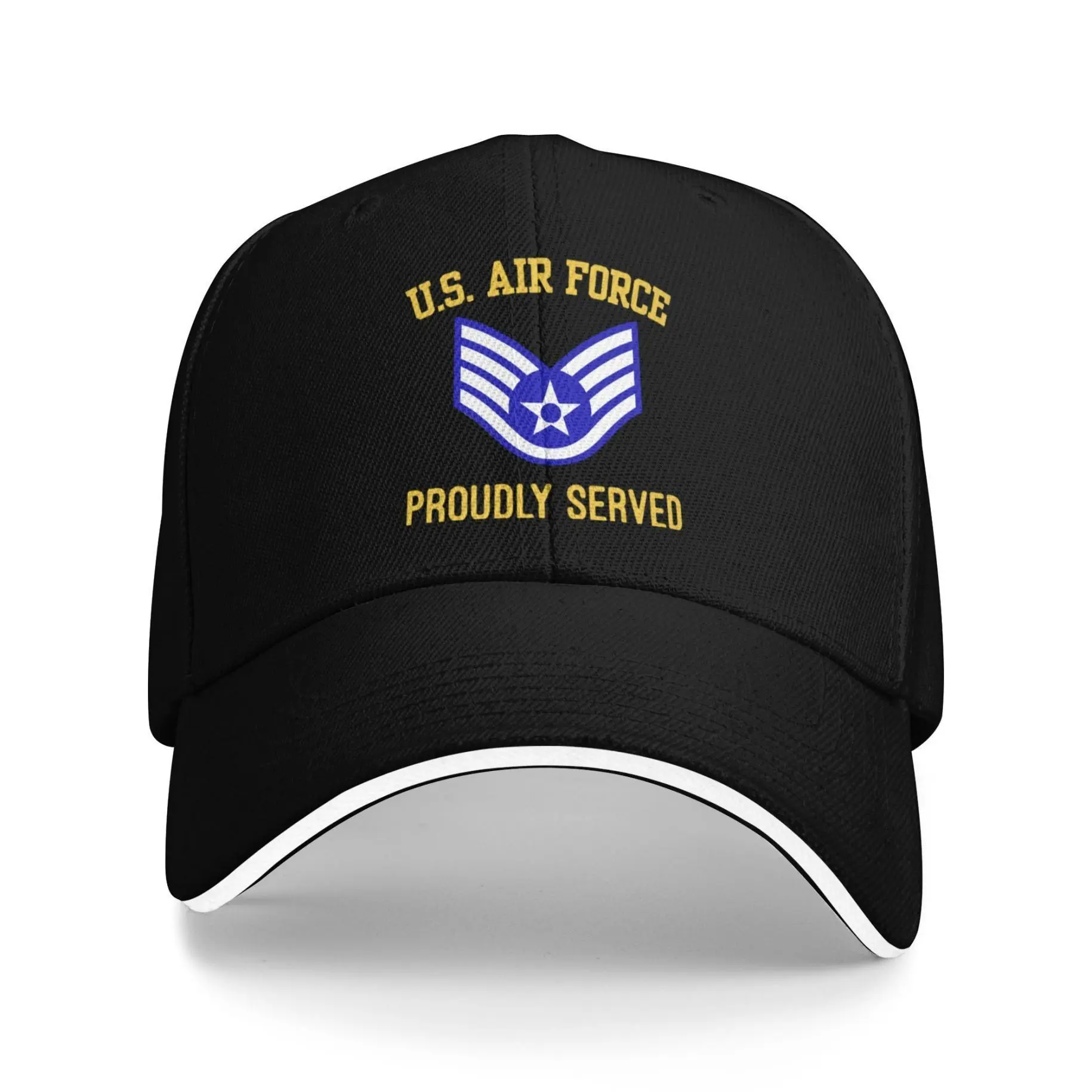 S&T U.S. Air Force E-5 Sergeant Baseball Cap - Unisex Adjustable Cotton Buckle Dad Hat, All Seasons Outdoor Use, Single Layer Unlined, Curved Brim, Lightweight Breathable Washable Polyester, U.S. Air Force Patch, Black, 22.04-23.62in Head Circumference, D