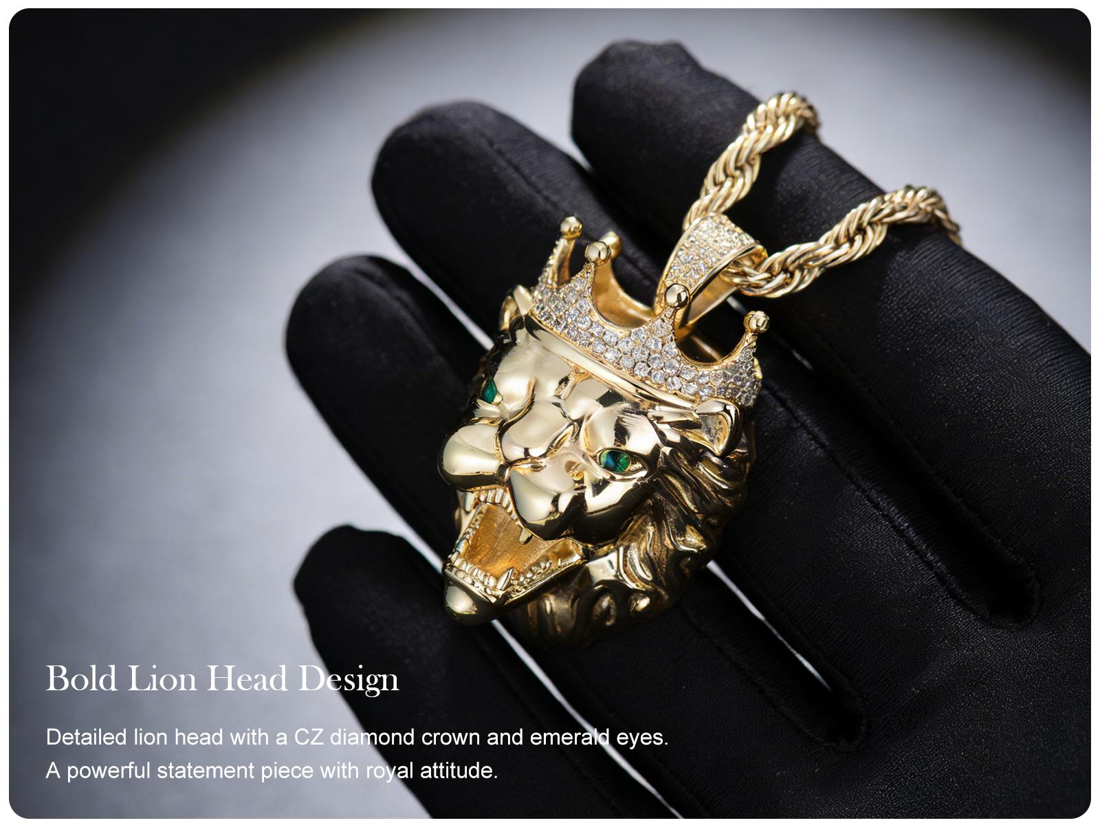 Holylegend 14K Gold-Plated Lion Head Pendant Necklace with CZ Diamond Crown, Emerald Eyes