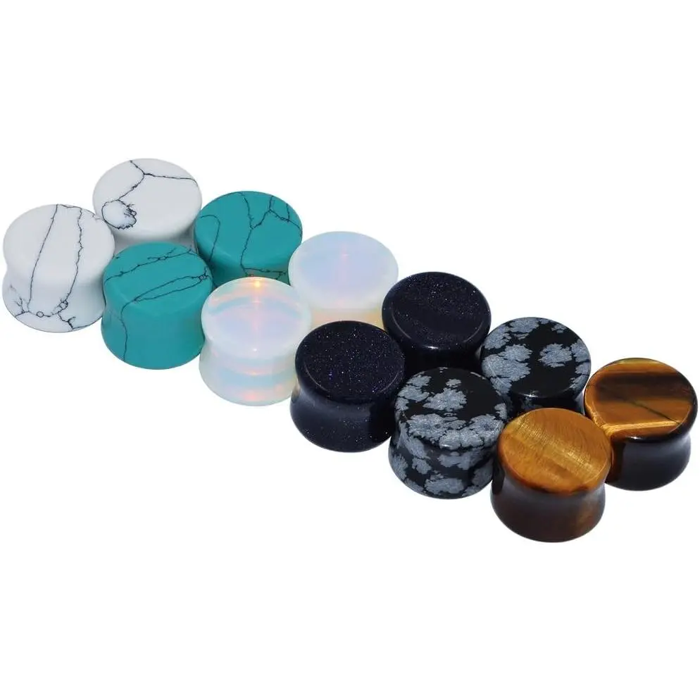 Stone Ear Plugs & Double Flare Saddle Plugs, Multi-Size Ear Gauges Expander Earplugs (6 Pairs/16 Pairs, 8G to 13/16 inch)
