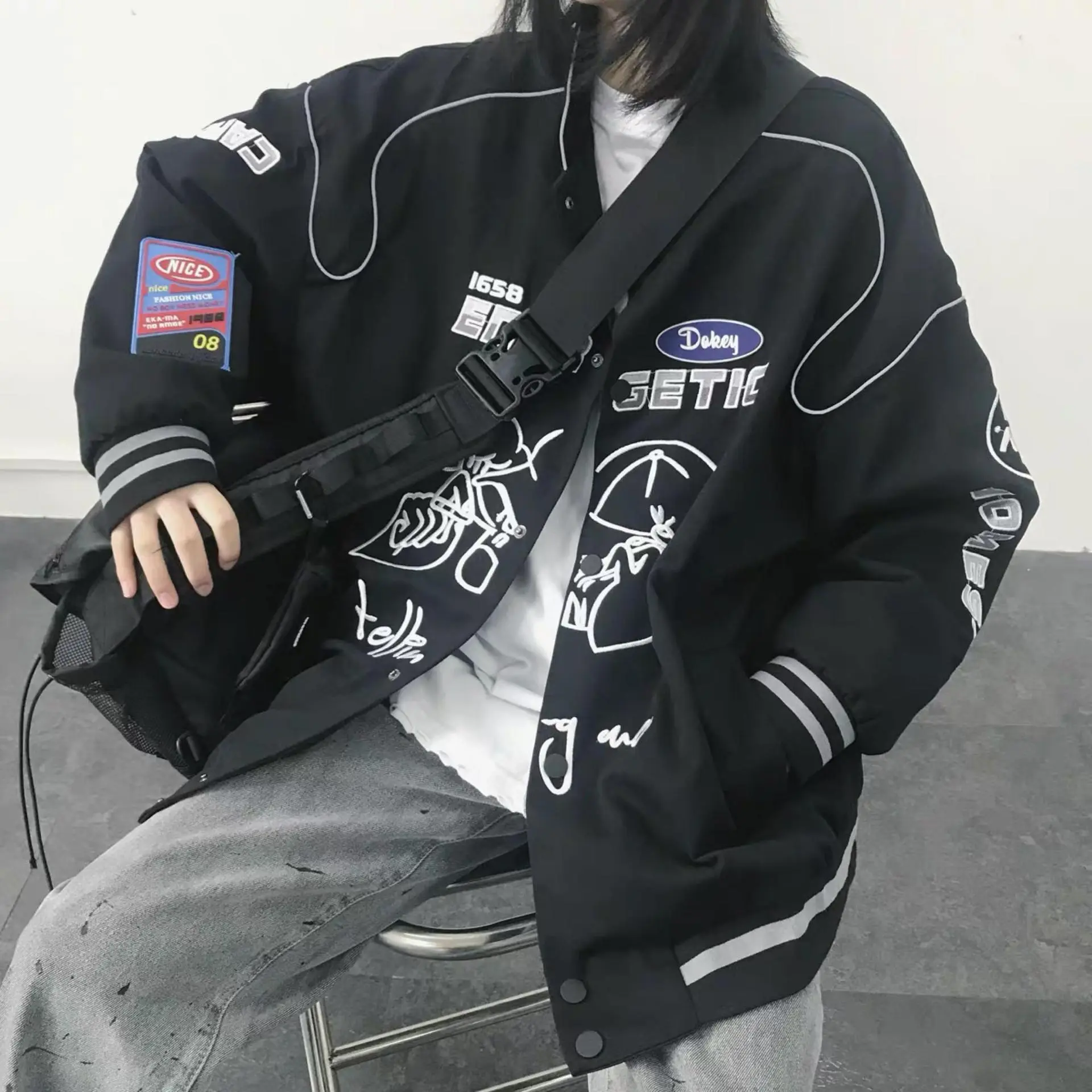 Men's Korean-Style Long-Sleeve Loose Thin Cotton-Polyester Baseball Jacket - Double Breast, Asian Sizes, Reflective Print Hipster Menswear for Spring & Autumn Sports Outerwear