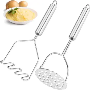 2 Pcs Potato Masher for Potatoes, Heavy Duty Stainless Steel Integrated Kitchen Tool Fruit Utensils Set