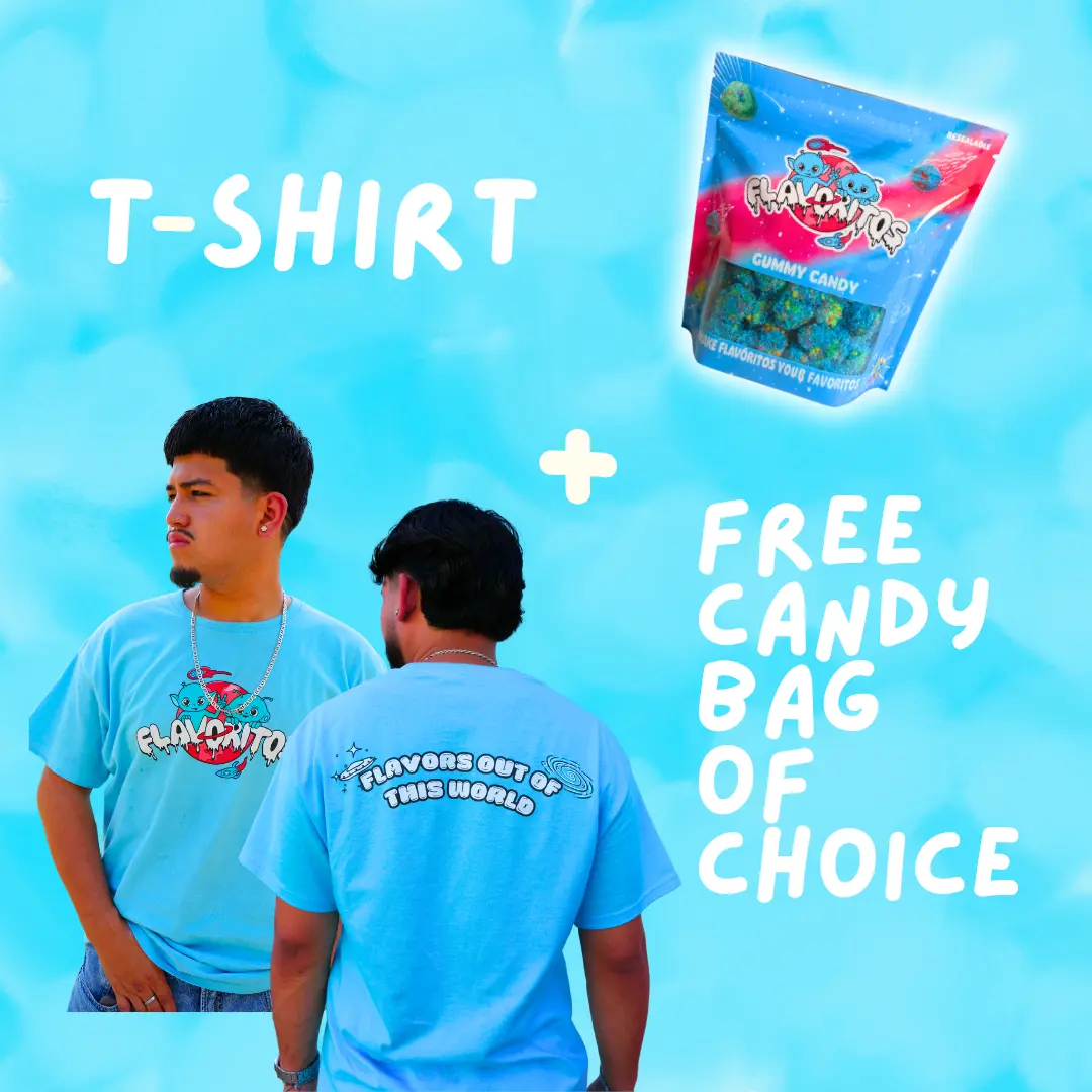 FLAVORITOS Men's Cotton Candy Short-Sleeve Round Neck T-Shirt & Candy Bag Bundle - Simple, Casual Fitted Crewneck Top for Everyday Wear