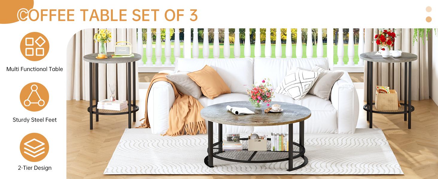 Living Room Coffee and End Table Sets, Wooden Modern Rustic Center Table with Two Side Tables, 3 Piece Living Room Coffee Table Set with Storage for Living Room, Apartment