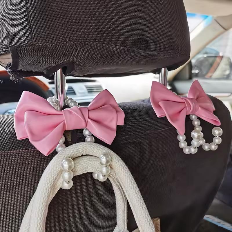 2PCS Car Headrest Hook, Pink Bow Pearl Seat Back Hanger, Universal Auto Organizer for Purse Bag Coat, Car Interior Accessories